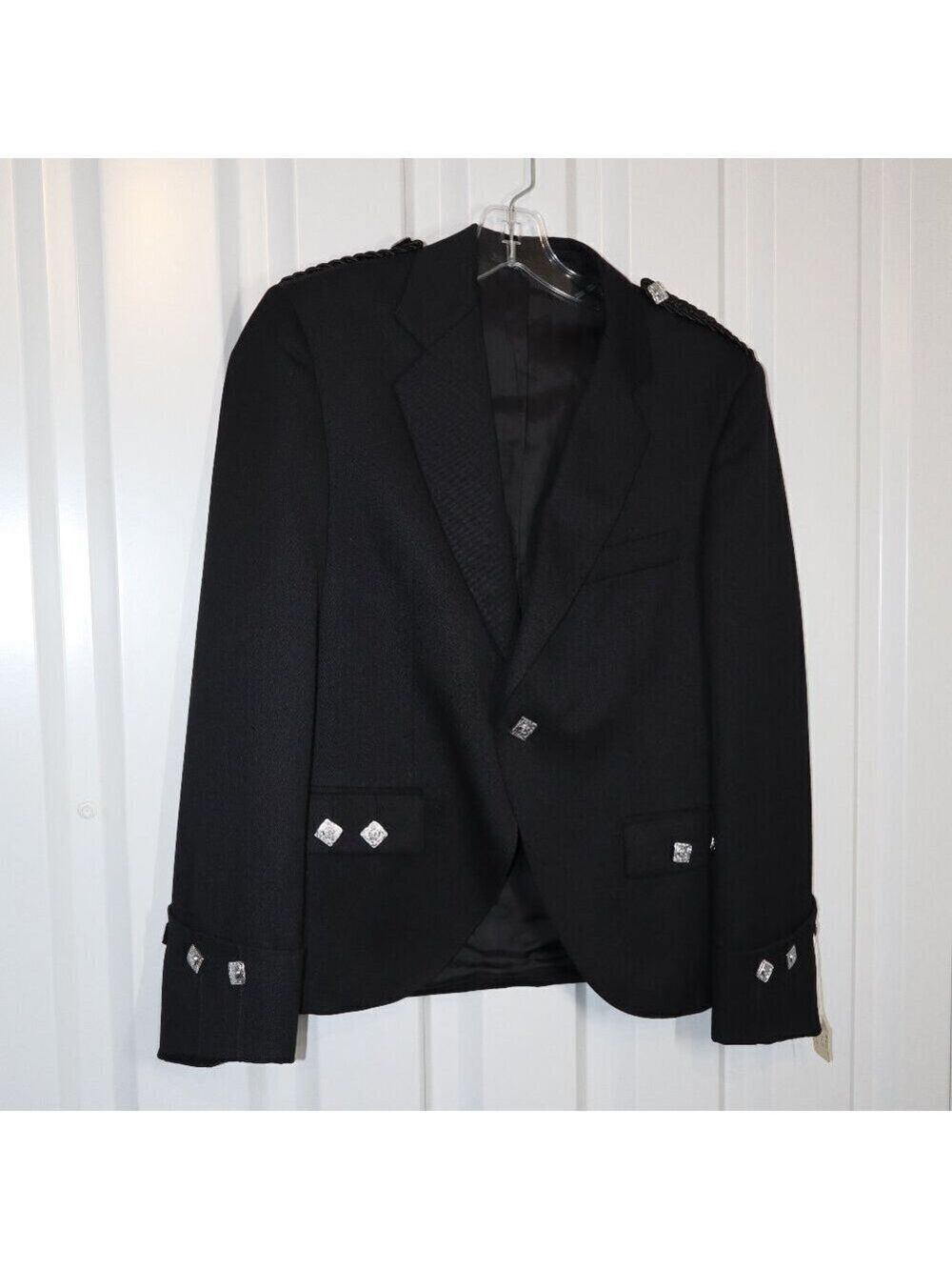 Men's Argyle Kilt Jacket Black with Silver Buttons Size 36R Wool EUC Lined